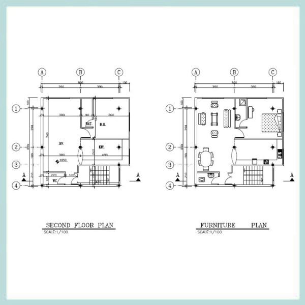 Architectural plan 8x8, two south-east corners